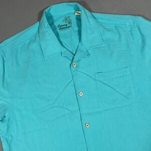 Tommy Bahama Silk Button Up Shirt Short Sleeve Camp Loop Collar Blue Turquoise L